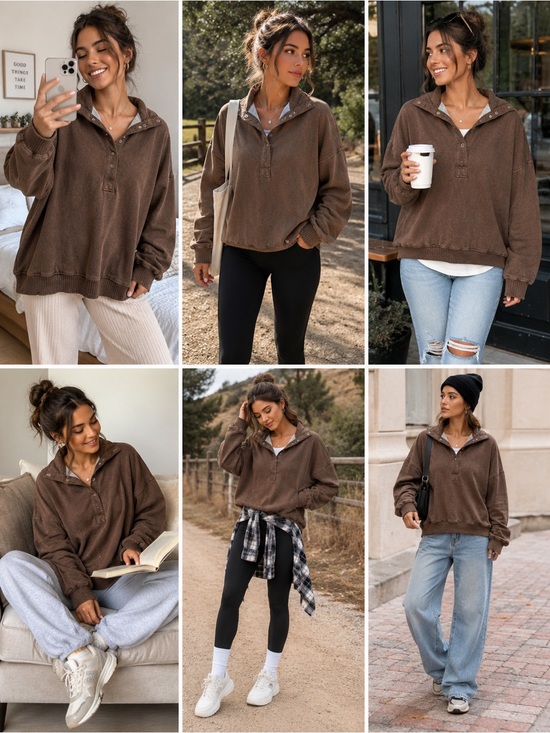 aerie Tops - Aerie Women’s S/P Brown Oversized Snap Neck Pullover Sweatshirt Fleece Lined